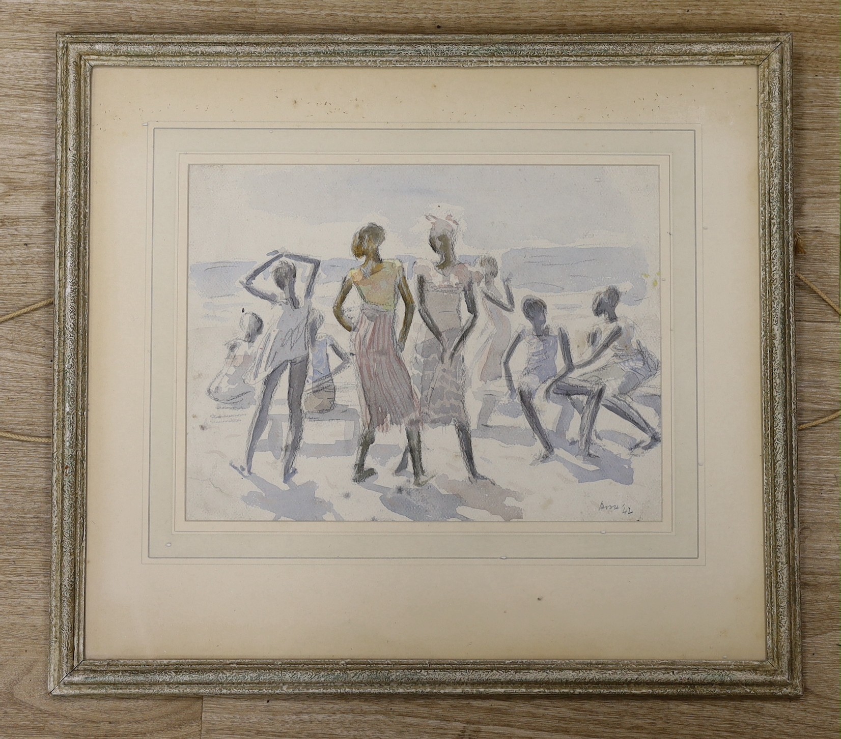 English School, pencil and watercolour, 'West African beach dancers', inscribed and dated '42, 25 x 34cm